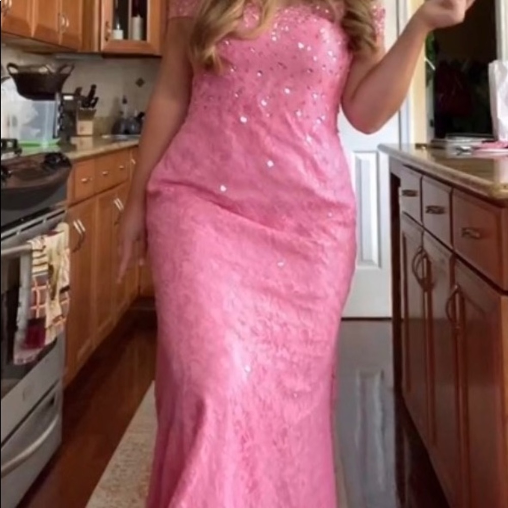 Pink prom dress. Pink lace prom dress with sparkles
